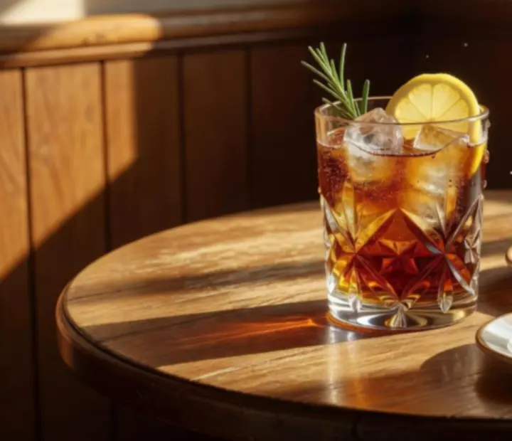 Arany aperitif pohár egy kis bisztróasztalon lágy délutáni fényben.