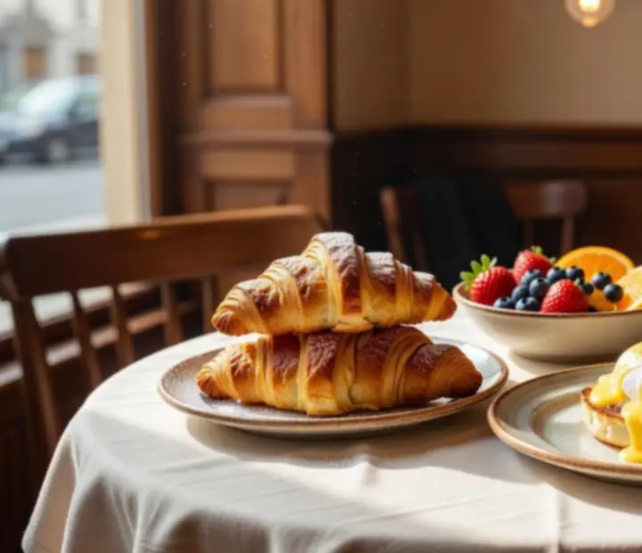 Napsütötte bisztró asztalkészlet kávéval, croissant-nal és reggeliző tányérokkal Kozponthely-kor.