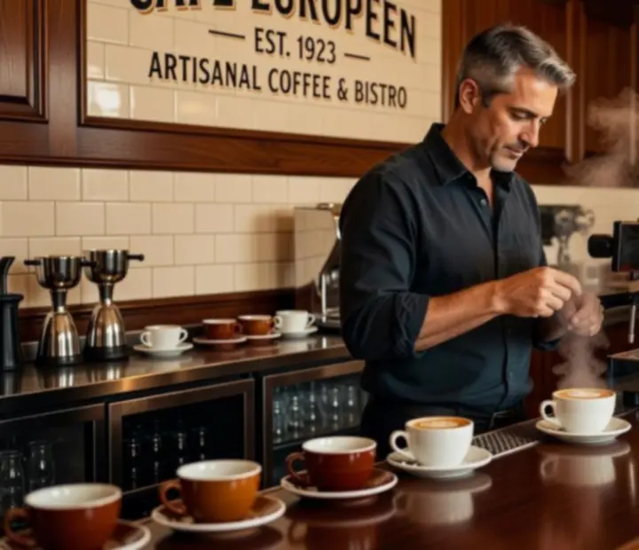 Barista itt: Kozponthely kávét készít a kávézó bárban gőzzel és latte arttal.